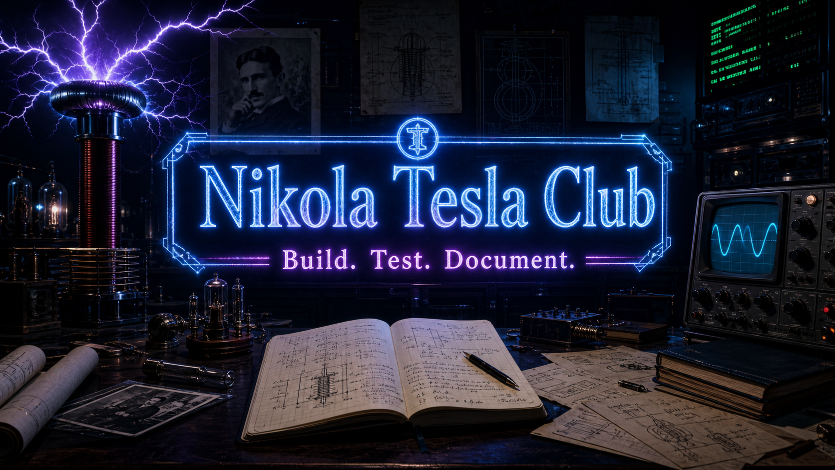 Nikola Tesla Club research lab scene with Tesla coil, terminal displays, and engineering notes